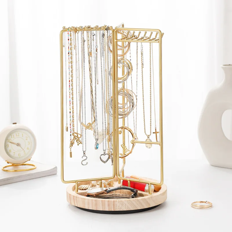 Iron Jewelry Organizer Stand- Gold Metal Frame & Wooden Base, Foldable & Rotatable