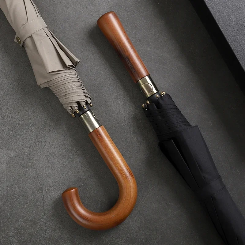 Wooden Handle Long Umbrella Big Golf Strong Windproof Black Umbrellas Double Layer Men Business Rain Umbrella 8K Male Paraguas