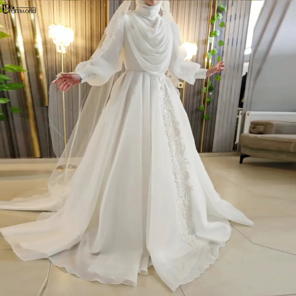 Robe de mariée musulmane à manches longues pour femmes, Hijab de mariée, patients à col haut, quelle que soit la ligne A en mousseline de soie, Vestido De CasTrio, 2024