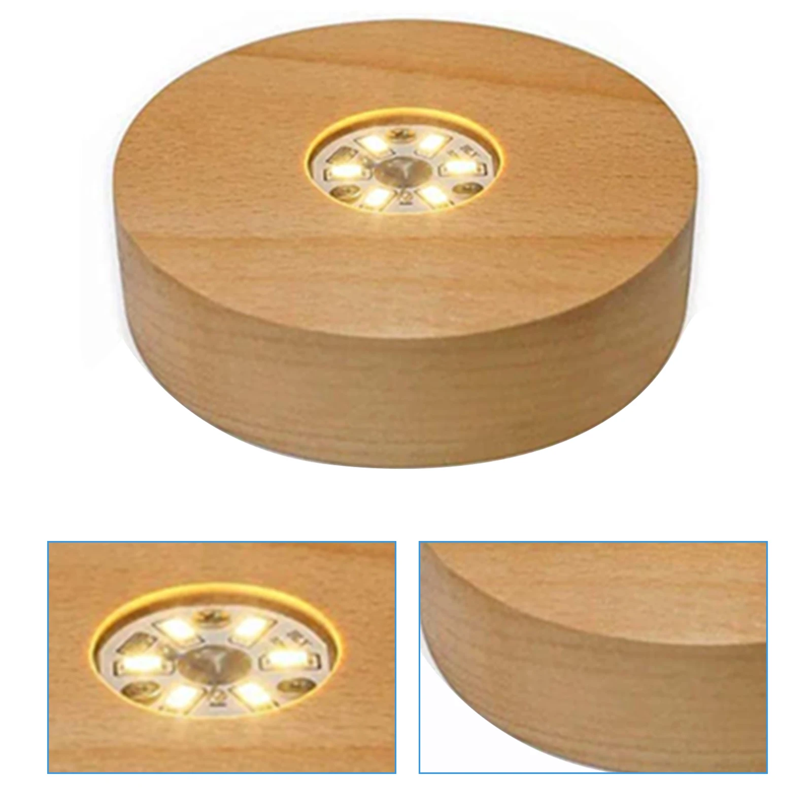 Wooden LED Light Base, 2 Pack Round LED Light Dispaly Base Plate Desktop Display Base Stand Ornament Powered by USB for Crystal