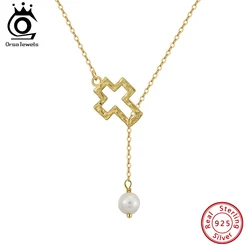 ORSA JEWELS New Simple 925 Sterling Silver Cross Shaped Baroque Pearl Pendant Chain Necklace For Women Pearls Choker Chain GPN76