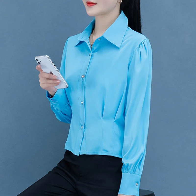 Elegant Korean Fashion Office Lady Business Casual Button Up Shirts Simple Solid Slim Long Sleeve Tops Blouses for Women Clothes