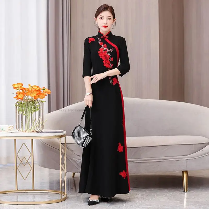 Ao Dai Cheongsam Folk Style Vietnam Aodai Elegant Women Flower Embroidery Traditional Dress Oriental Qipao Elegant Party Dress