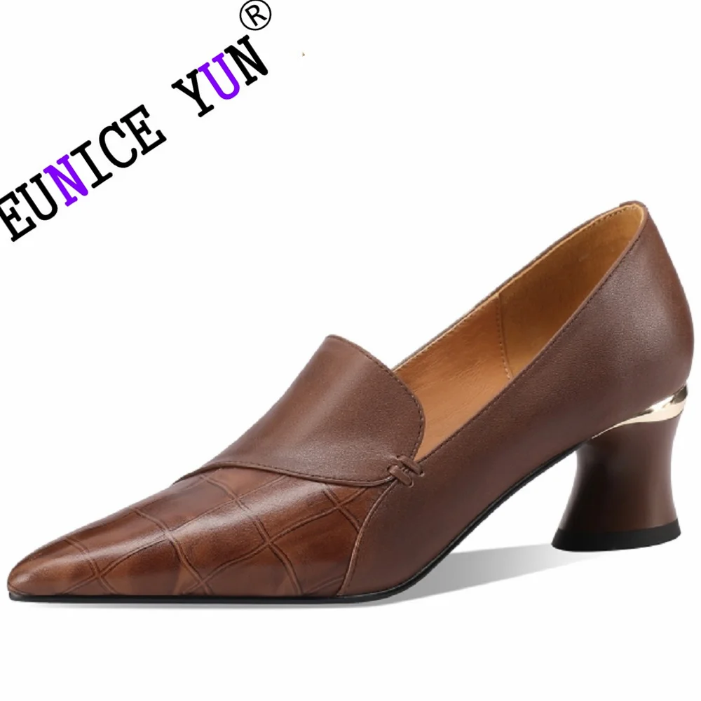 

【EUNICE YUN】New Spring/Autumn Women Loafers Pointed Toe Chunky Heel Shoes Genuine Leather Shoes for Retro Concise Handmade Pumps