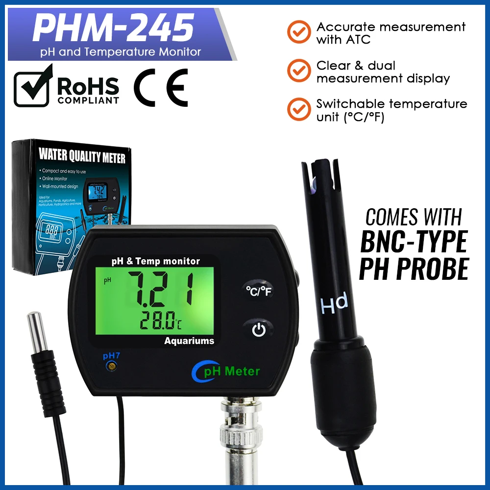 PH and Temperature Monitor 2-in-1 Dual Display with Manual Calibration & Replaceable Electrode for Pool, Aquarium, Spas, Lab