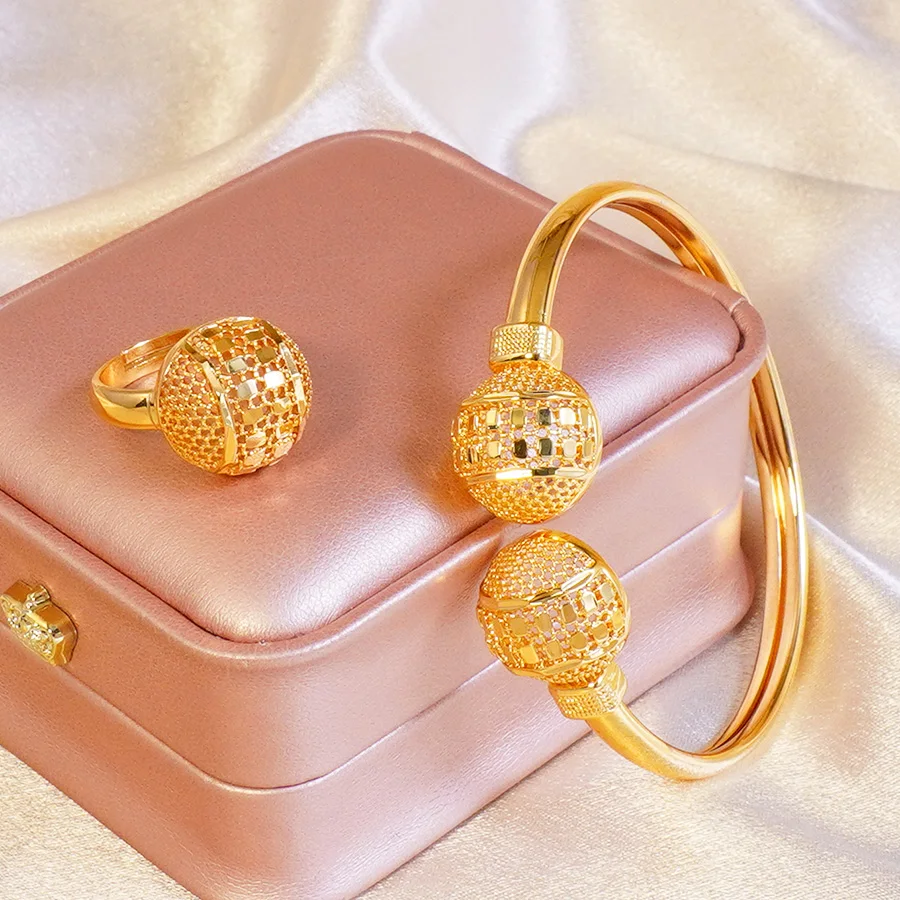 Luxury Hollow Bead Bangle & Ring Set Gold Plated Open Cuff Bracelet Ring Bridal Party Statement Accessories