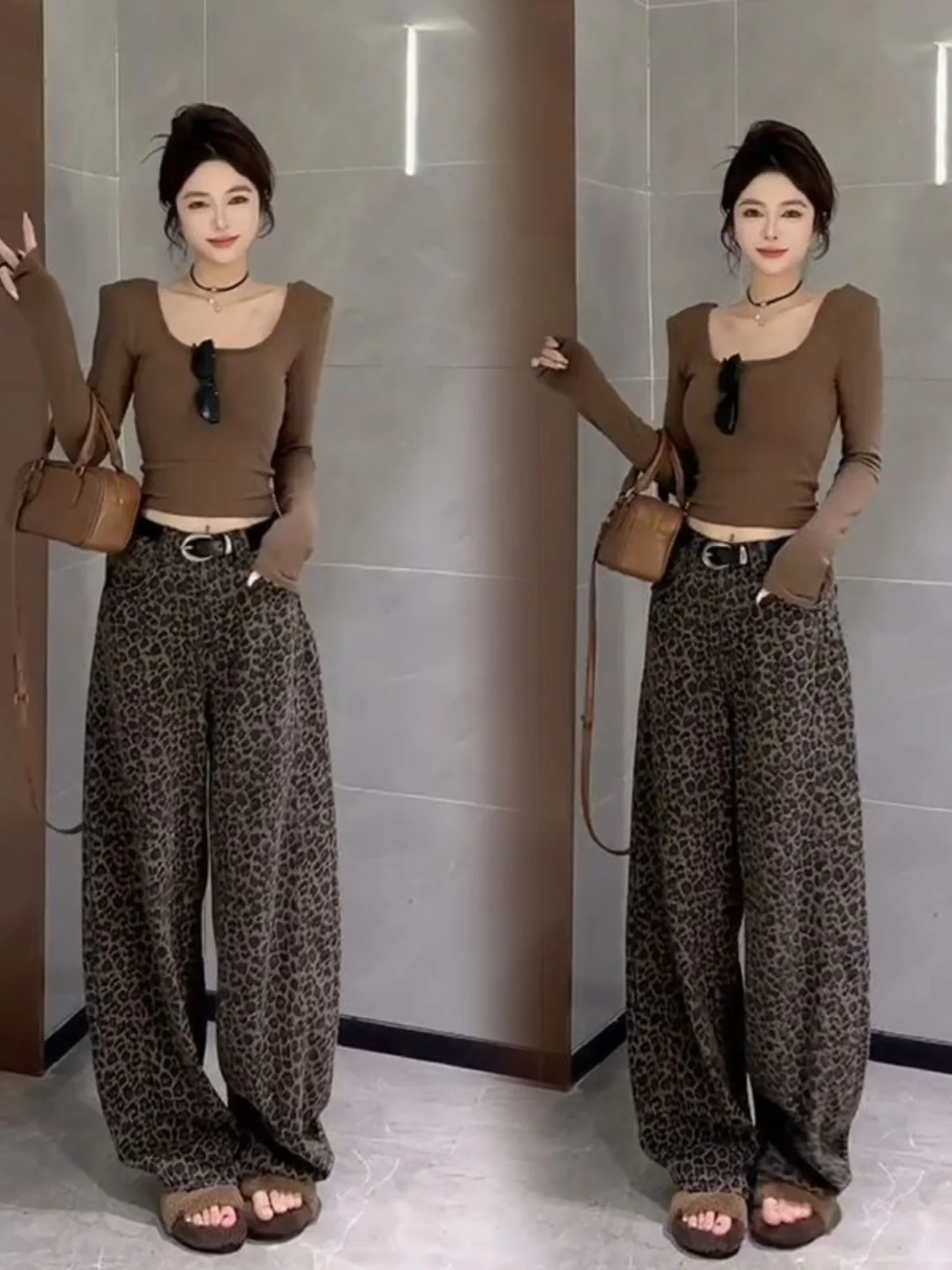 Setelan Panjang Motif Macan Tutul Ele Fashion Wanita Warna Polos Serbaguna Vintage Celana Pinggang Tinggi Nyaman Dipakai