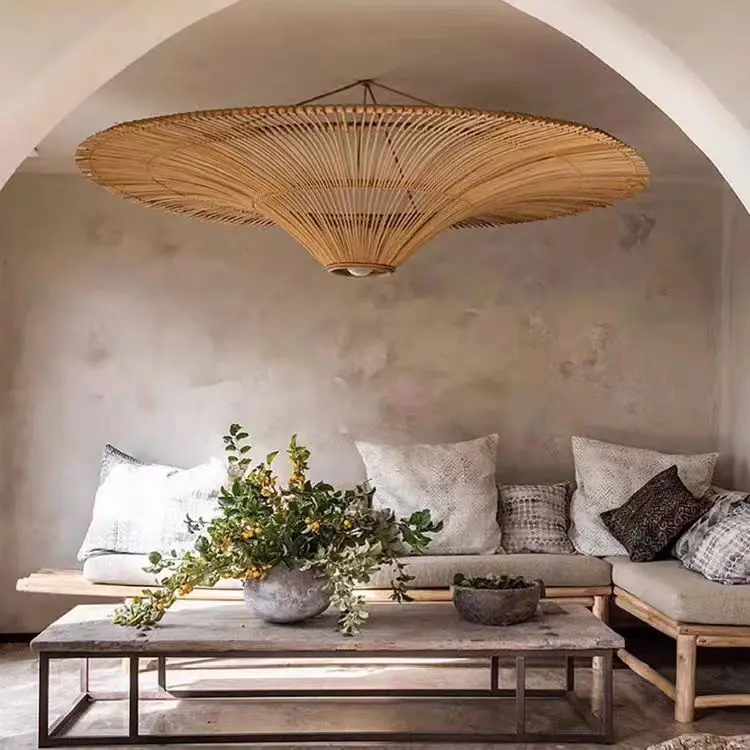 Plafonnier Vintage en rotin tissé de Style Wabi Sabi, lustre d'art en rotin d'asie du sud-est pour décor de salon d'hôtel de Restaurant
