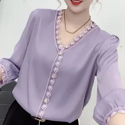 Women Clothing Fashion Casual V-Neck Chiffon Top Spring Autumn New Best-selling Lace Blouse Lady Loose Simplicity Cozy Shirt