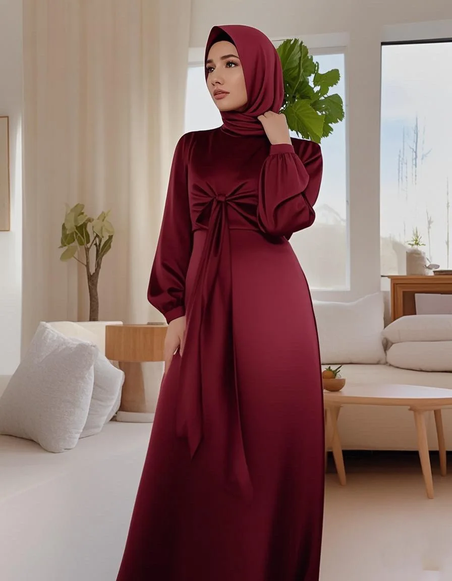 

Satin Abaya Elegant Wrap Front Belted Long Dress Women Hijab Muslim Modest Dresses Party Arabic Islam Turkey Hijabi Abayas