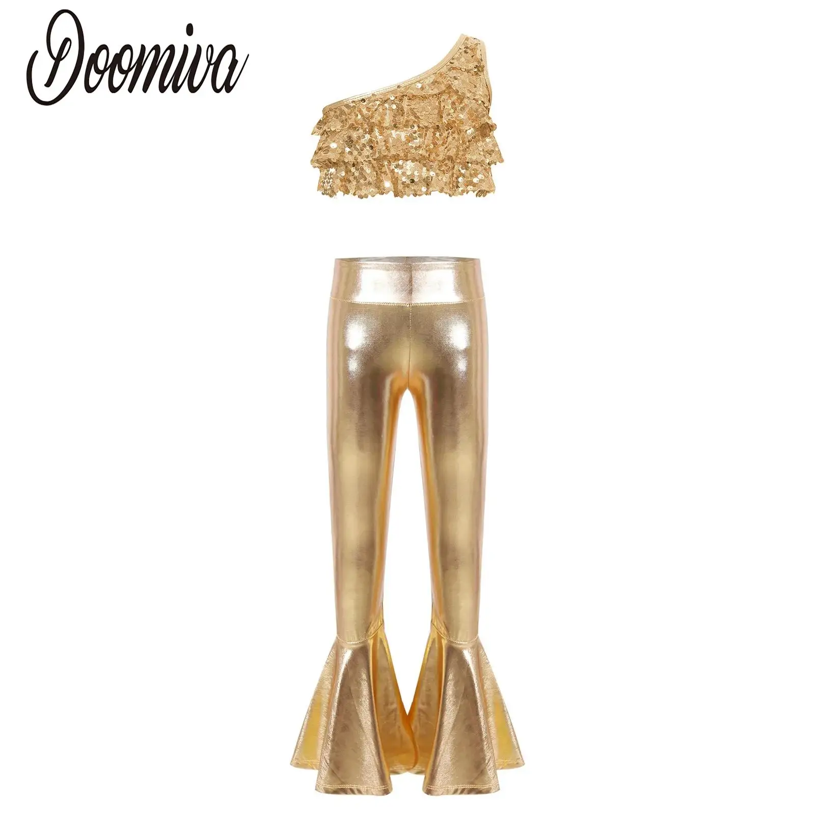 

Kids Girls Metallic Jazz Dance Performance Costume Set Modern Latin Dancewear Sleeveless Sequins Crop Top with Bell-bottom Pants