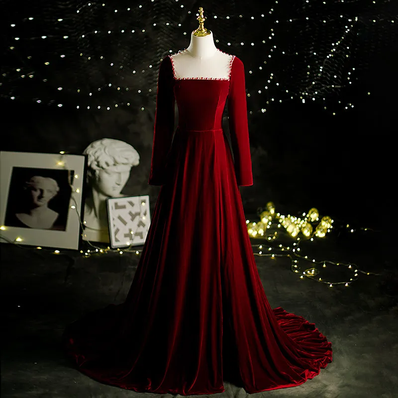 

Evening Dress Elegant O-Neck Empire Full Sleeves Beads A-Line Simple Burgundy Floor-Length Velour Party Formal Gown Woman B1944