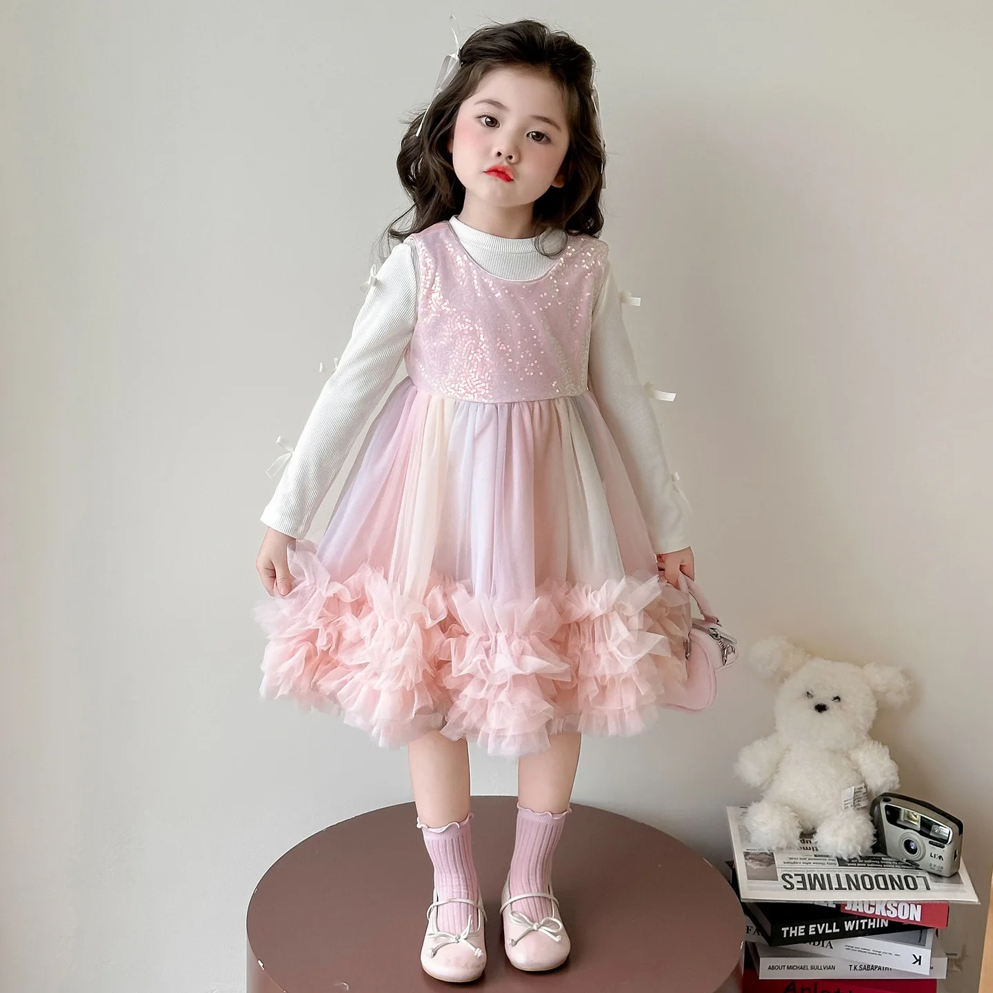 Girls Sequined Rainbow Yarn Long-sleeved Bottoming Shirt Set Autumn New Children's Princess Convex Skirt Autumn