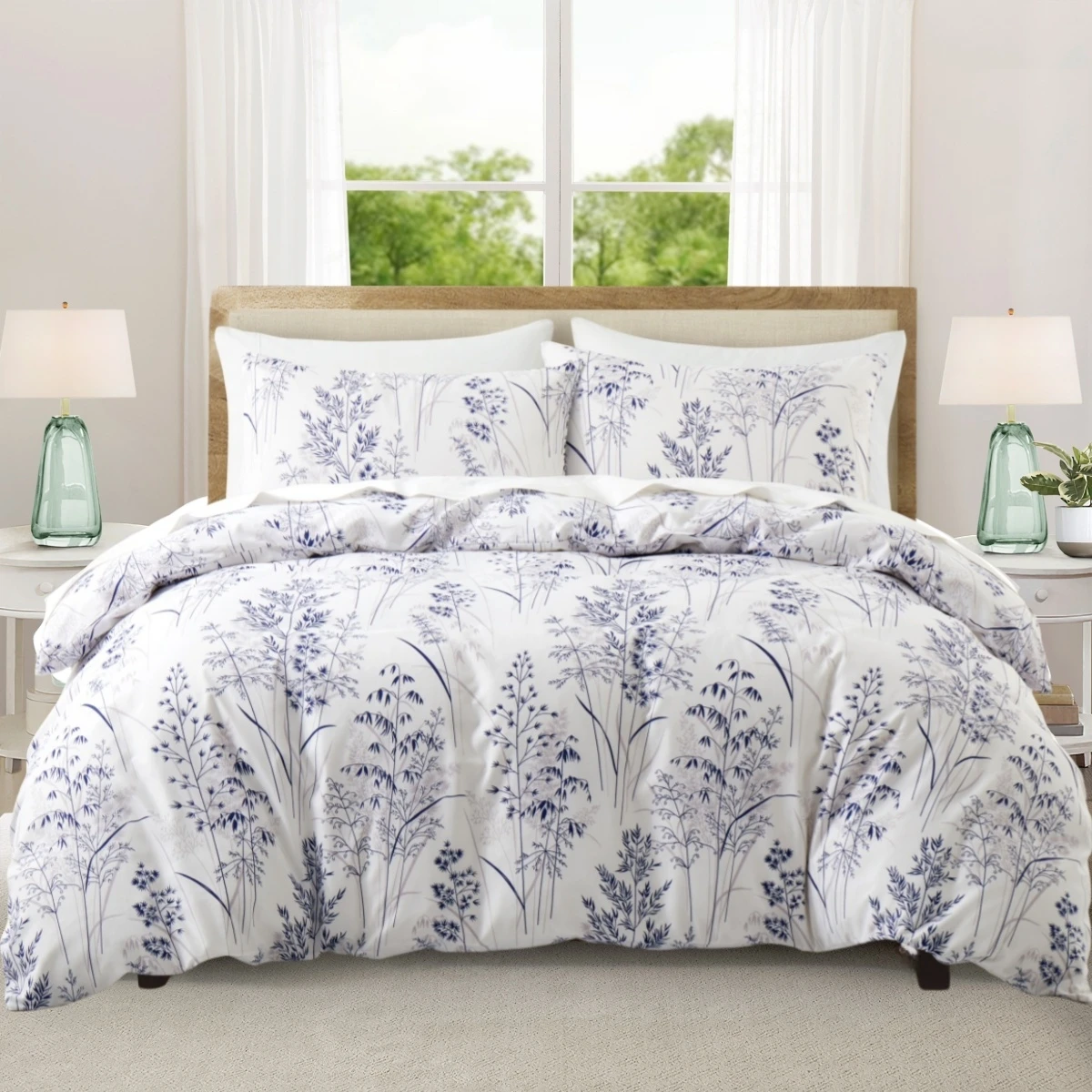 

Blue and White Cute Flower Pattern Queen Comforter Covers, Flower Pattern Duvet Cover Pillowcases Botanical Garden Style Bedding