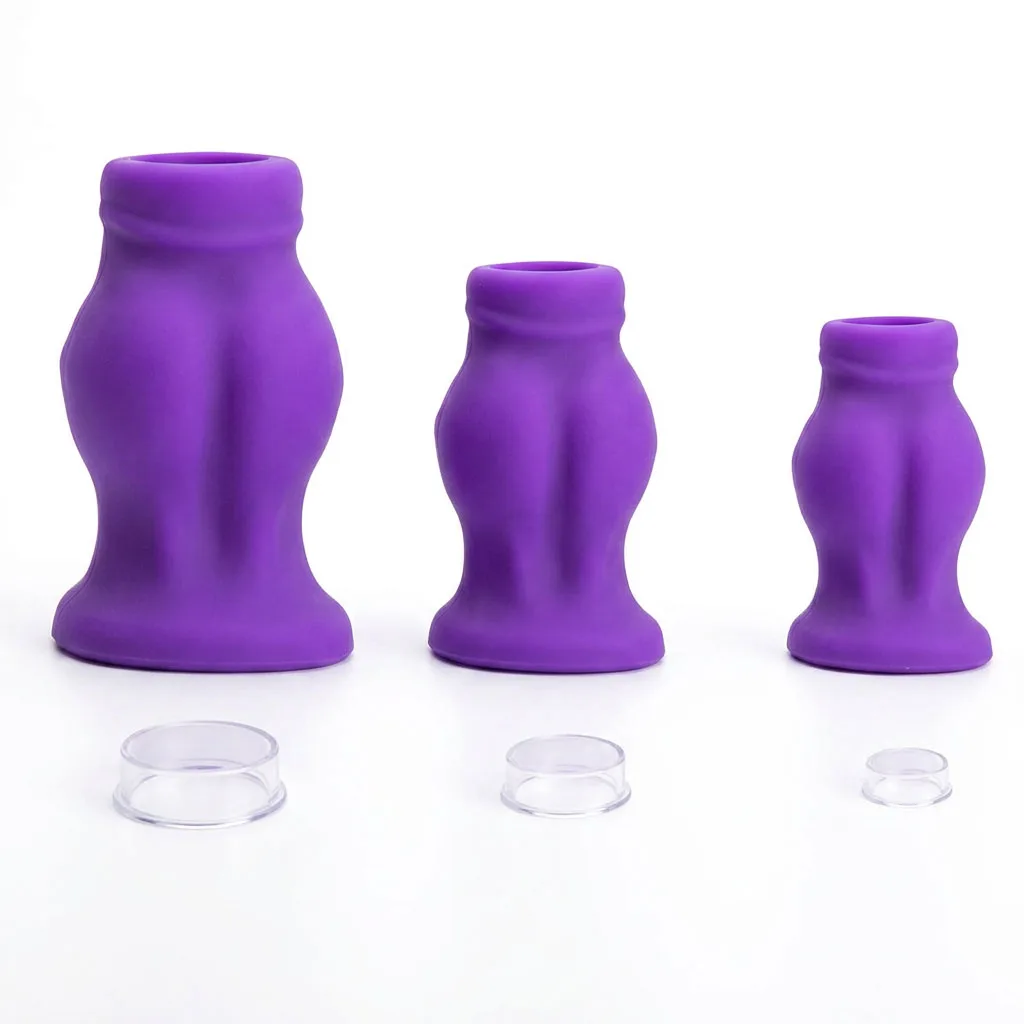 Purple Silicone Hollow Anal Plug Set with Caps - Tunnel Butt Plugs for Gape Training Prostate Play & Progressive Stretching