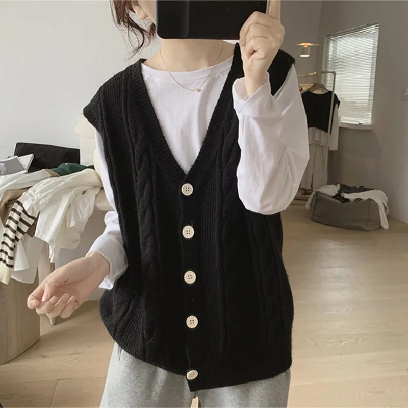 Gilet lavorato a maglia con scollo a V per l'autunno e l'inverno, un nuovo maglione ampio e dimagrante in stile coreano, gilet e cardigan da donna