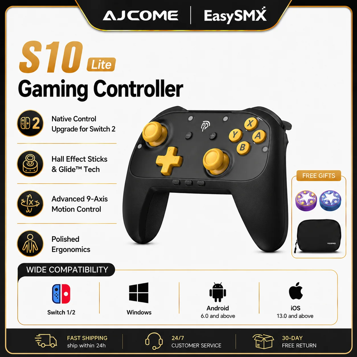 EasySMX S10 Lite ゲーミングコントローラー Switch 1/2、PC、iOS、Android対応 ゲームパッド ウェイクアップ機能、背面ボタン、9軸モーションコントロール搭載