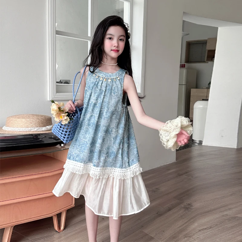 Elegant Kids Girl Blue Jacquard Fabric Dress Bohemian Summer Beach Clothing Children Vintage Double Layer A-line Dresses 5-14 Y