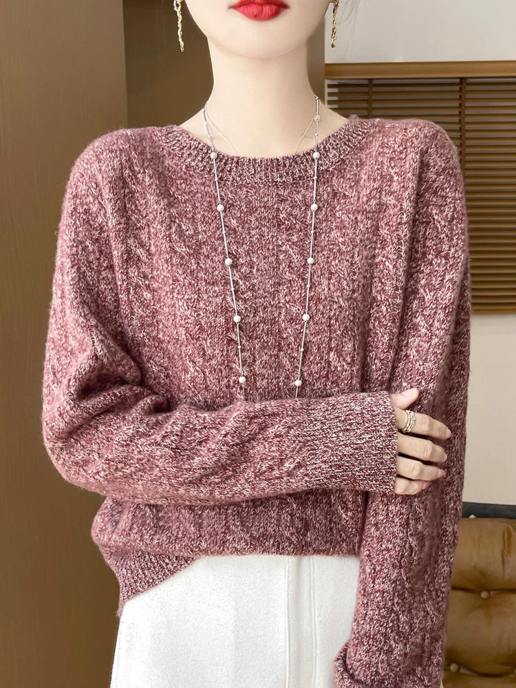 

TLOML Women Wool Sweater O-neck Cable Knit Pullover 100% Merino Wool Knitwear Basic Simple Style Autumn Winter Long Sleeve Tops