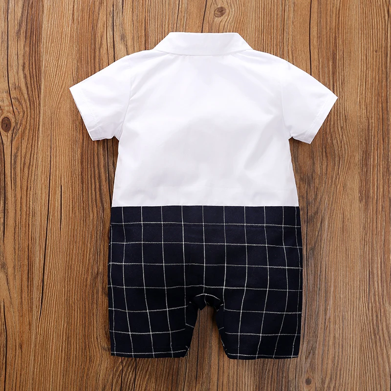 Summer shirt  sleeved plaid fake two-piece shoulder strap pants baby jumpsuit made of pure cotton