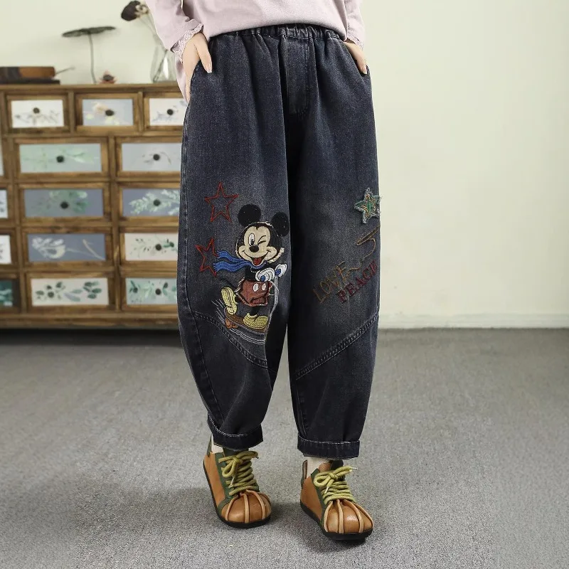 Disney Mickey Patchwork Embroidery Jeans Women Korean Style Loose Slim Fit Nine Points Harem Carrot Pants Fashion Denim Trousers