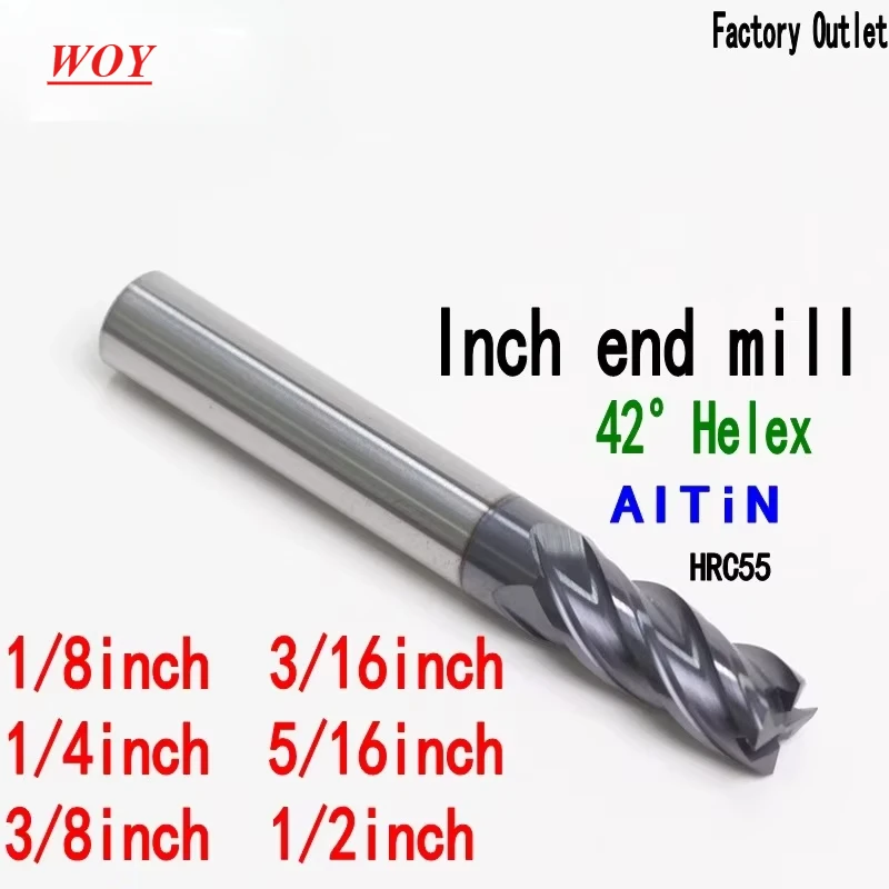 

WOY Carbide Tungsten Steel Inch Milling Cutter 1/8 3/16 1/4 5/16 3/8 1/2" CNC End Mill 4 Flute HRC55 3.175 6.35 12.7MM