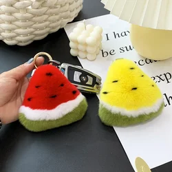 Cute Fluffy Rex Rabbit Fur Keychain Fruit Watermelon Toy Real Fur Ball Pendant Metal Car Key Ring Bag Charm Women Trinket