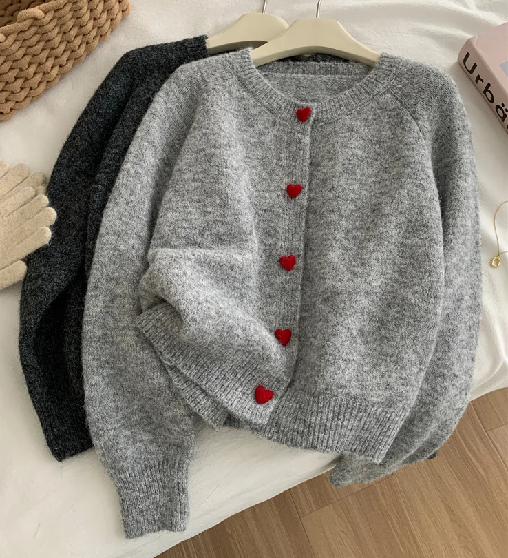 

Deep Grey Wool Knitted Cardigan For Women In Autumn Winter, Soft And Sticky, Warm, Love Buckle Shoulder Sleeves w09 ﻿
