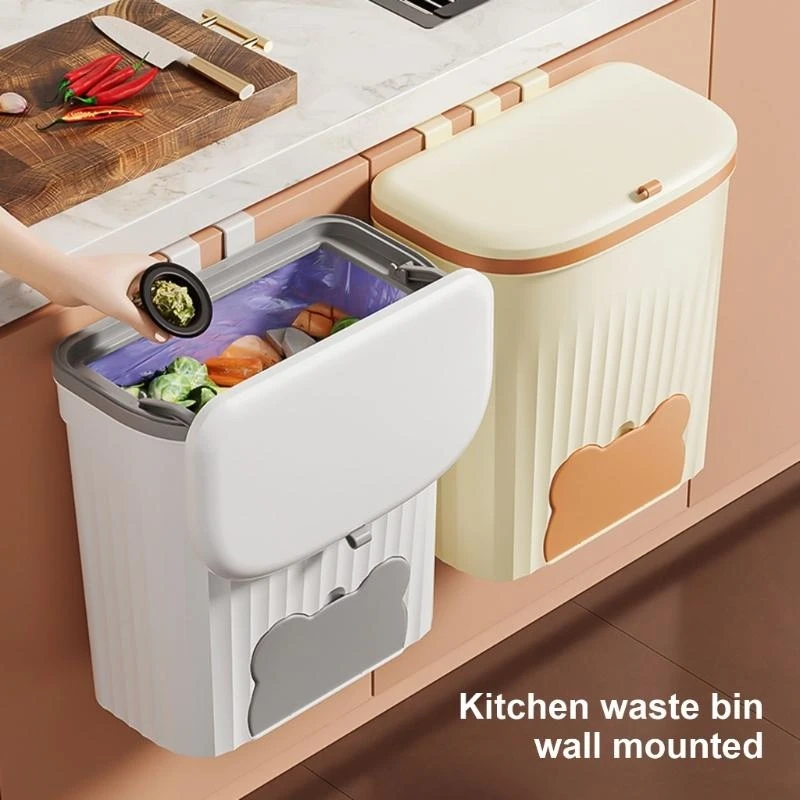 652F Kitchen Composts Bin Cabinets Door Mounted Trash Can with Lid Under Sink Garbage Storage Solution, Plastic Waste Container