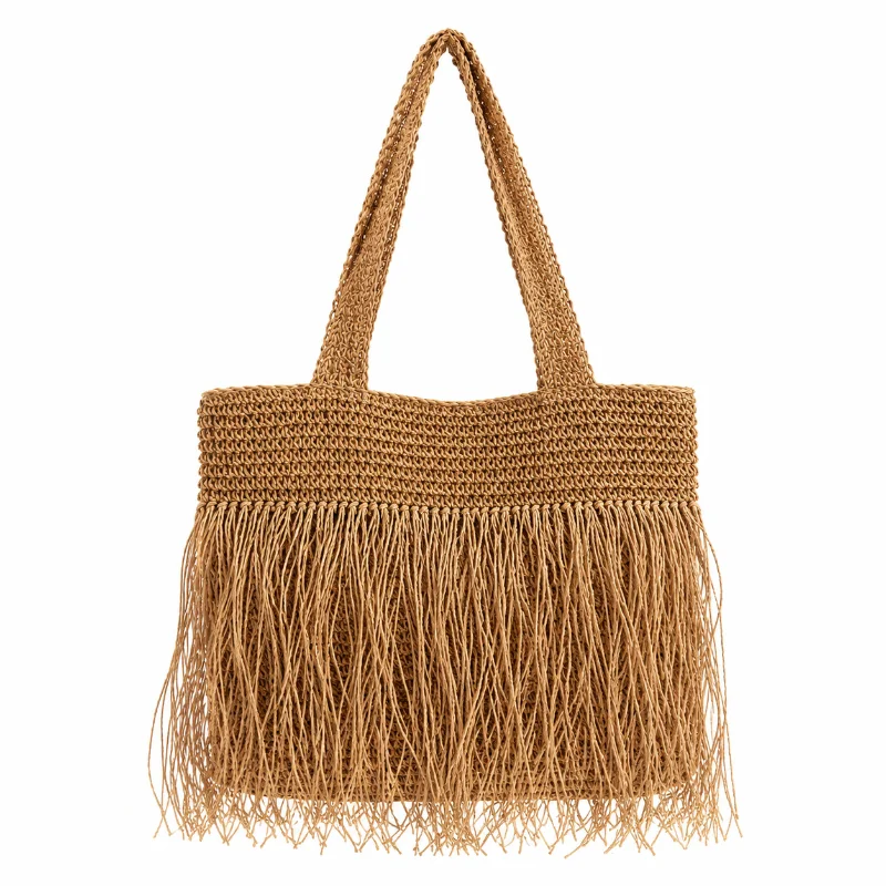 

Women Paper Straw Woven Shoulder Bag Tassel Decor Summer Beach Crossbody Handbag Purse