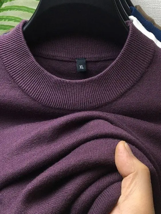 

Мужской свободный вязаный свитер с высоким воротником, фиолетовый, весна-осень, новый, теплый базовый слой, модный городской стиль, с длинным рукавом