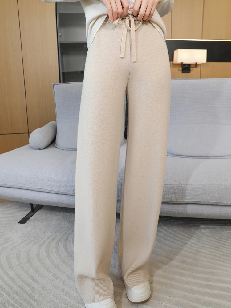 New Fashion Autumn Winter Woman Pants Casual 100% Merino Wool Knitwear Lady Flat Clothing Bottoms Full Length Thick Trousers