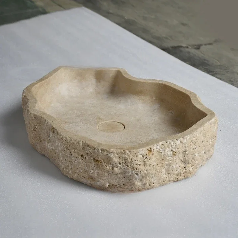 Modern style indoor/outdoor stone travertine sink irregular waveform easy to clean polished drain