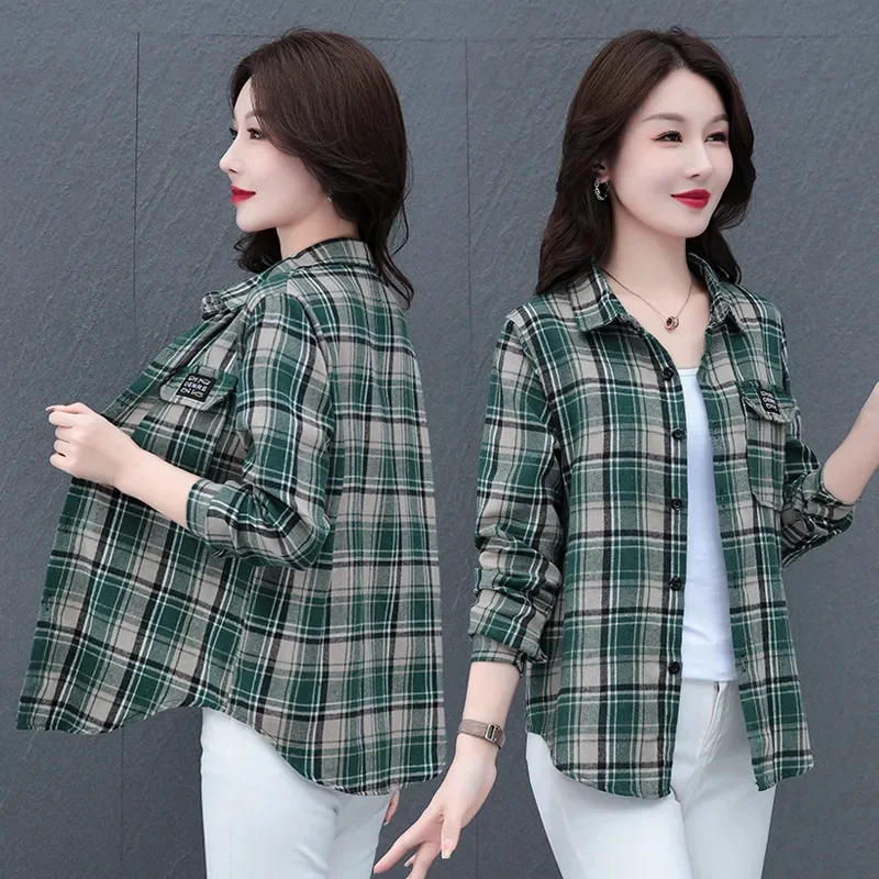 

2023Spring Autumn New Shirt Women's Middle-Aged Mother's Outer Suit Classic Plaid Jacket Loose Age-Reducing Coat Ladies Tide Top