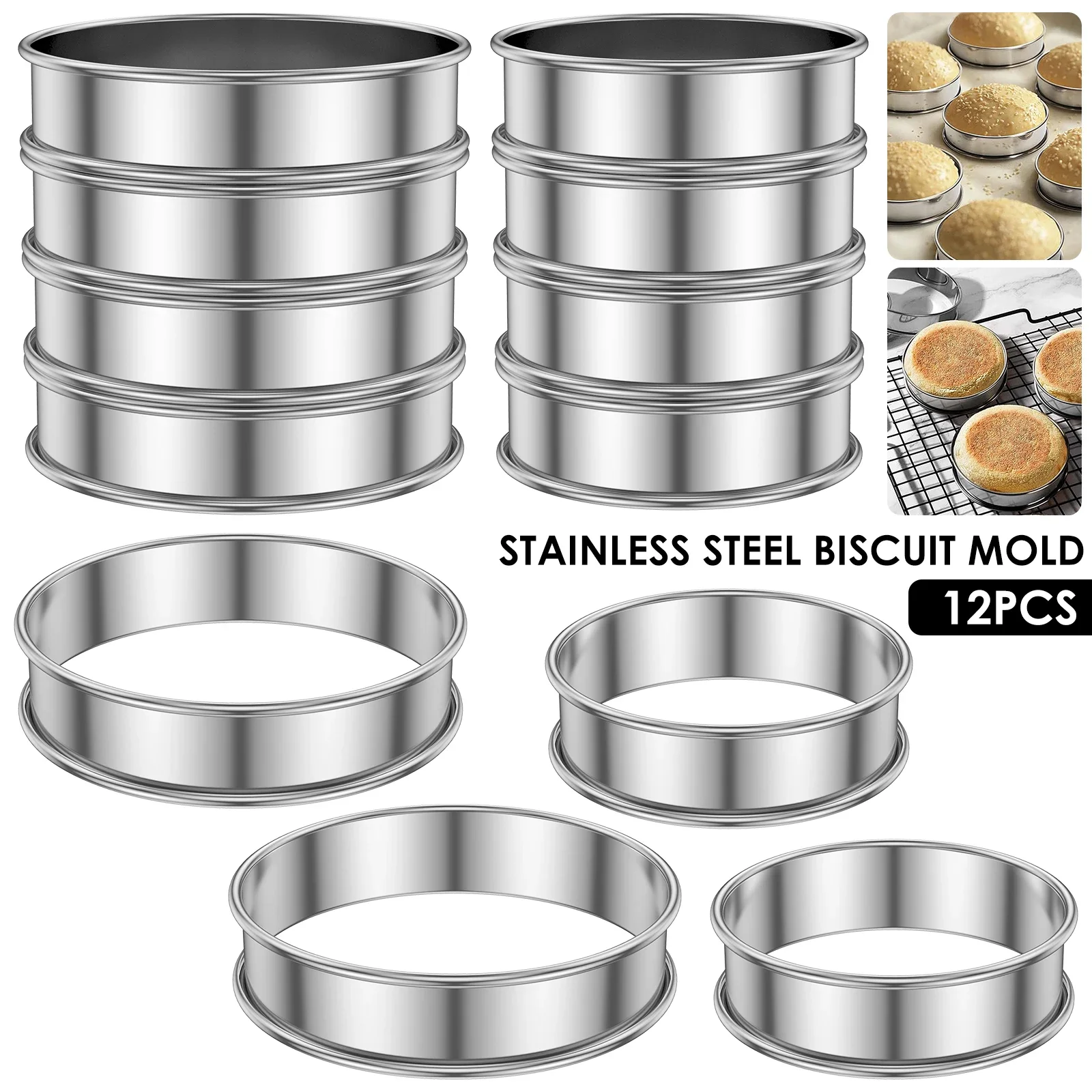 

12Pcs English Muffin Rings Stainless Steel Crumpet Rings Nonstick Tart Double Rolled Muffin Tart Ring Crumpet Ring Mold