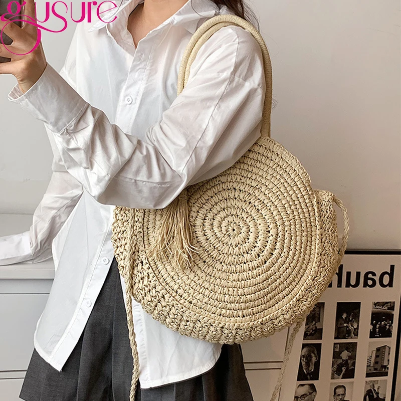 Gusure Rattan Women Shoulder Bag Casual Straw Bag Handmade Woven Shopper Totes Lady Large Capacity Bohemian Beach Treval Handbag