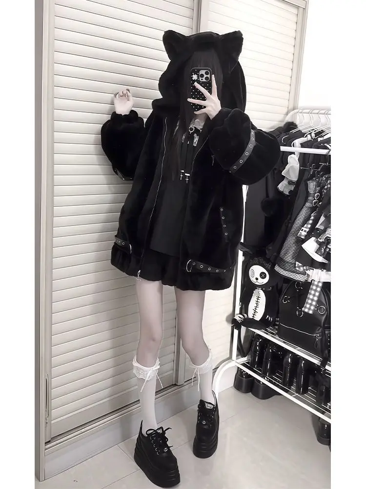 Japanese Kawaii Coat Long Sleeve Women Casual Solid Color Rabbit Ears Punk Harajuku Sweatshirt Sweet Zipper Hoodie Autumn Tops