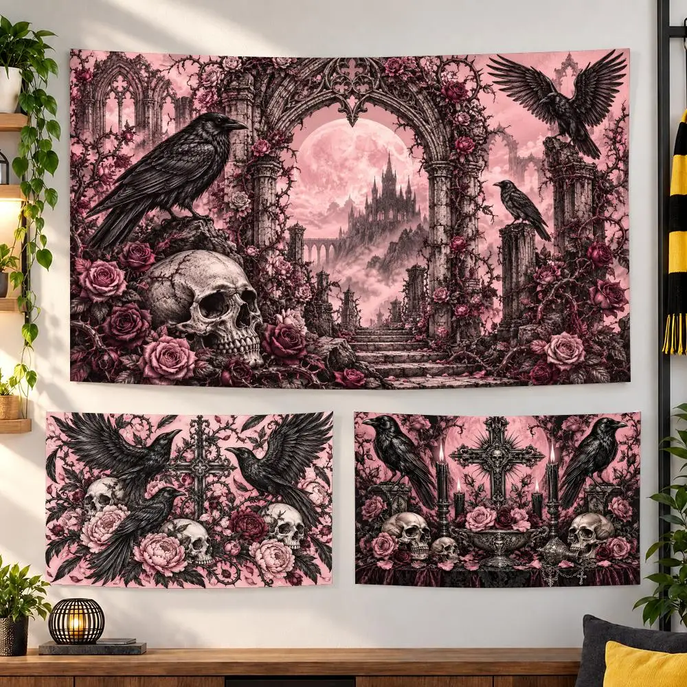 VIKAMA Gothic Dark Tapestry Durable Soft Microfiber Horizontal Wall Hanging Decor For Bedroom Patio Garden Parties