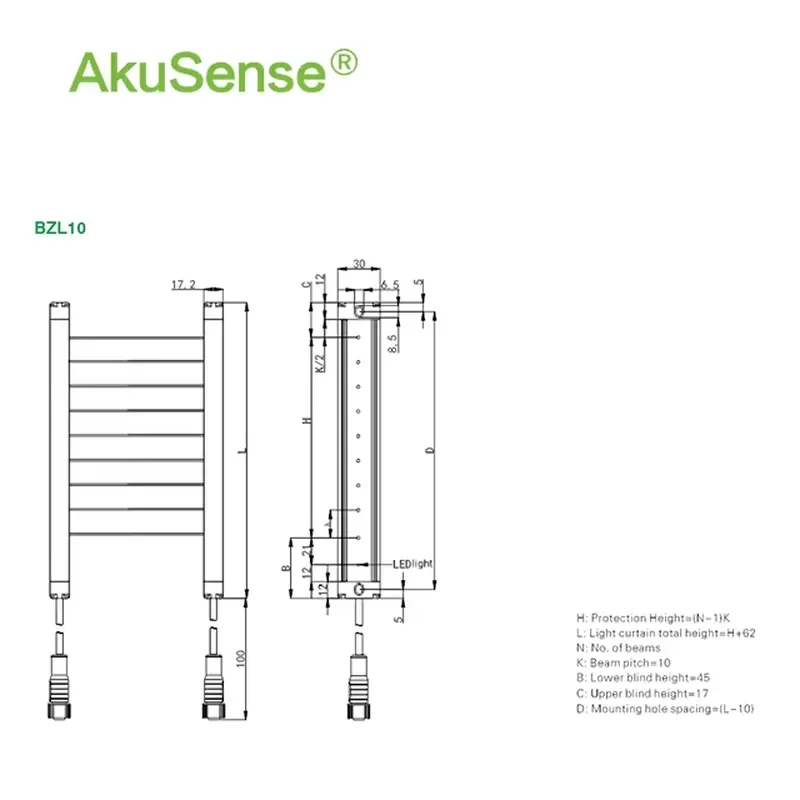 AKUSENSE BZL25 Series 1.5m 24V Safety Light Curtain Barrier Sensor with Top-Emitting Type Line Synchronization Easy Mounting