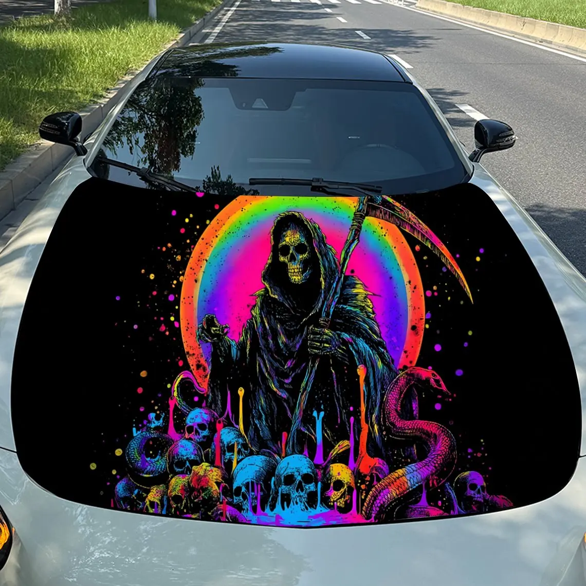 

Неоновый жнец, красочная автомобильная виниловая пленка, материал ПВХ, водонепроницаемая наклейка на капот автомобиля, самоклеящиеся устойчивые к царапинам наклейки для Engi