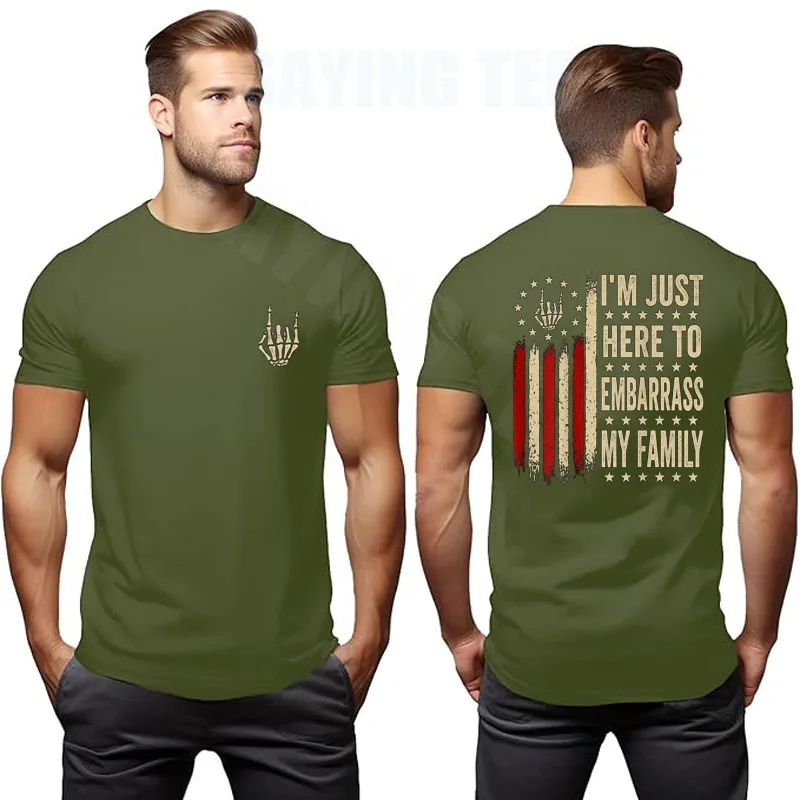 Ich bin nur hier, um meine Familie zu schmeicheln. Sarkastisches T-Shirt, Y2k-Flagge der USA, Skelett, Halloween-Kostüm, weiche Baumwolle, kurzärmelige Kleidung – Detail 12