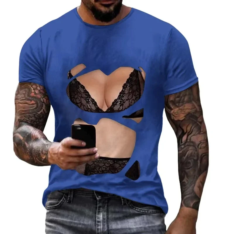 Funny Men's 3D Illusion Lace Babe Print T-Shirt Fake Bikini Short Sleeve Casual Party Streetwear Summer Crew Neck Tops
