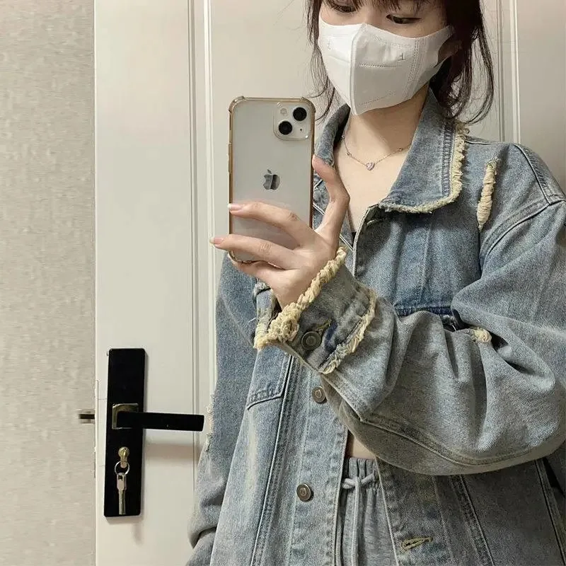 Ins Retro Niche Design, Light Blue Brushed Denim Jacket, Harajuku Hong Kong Style Fashionable Versatile Loose Jacket Trend