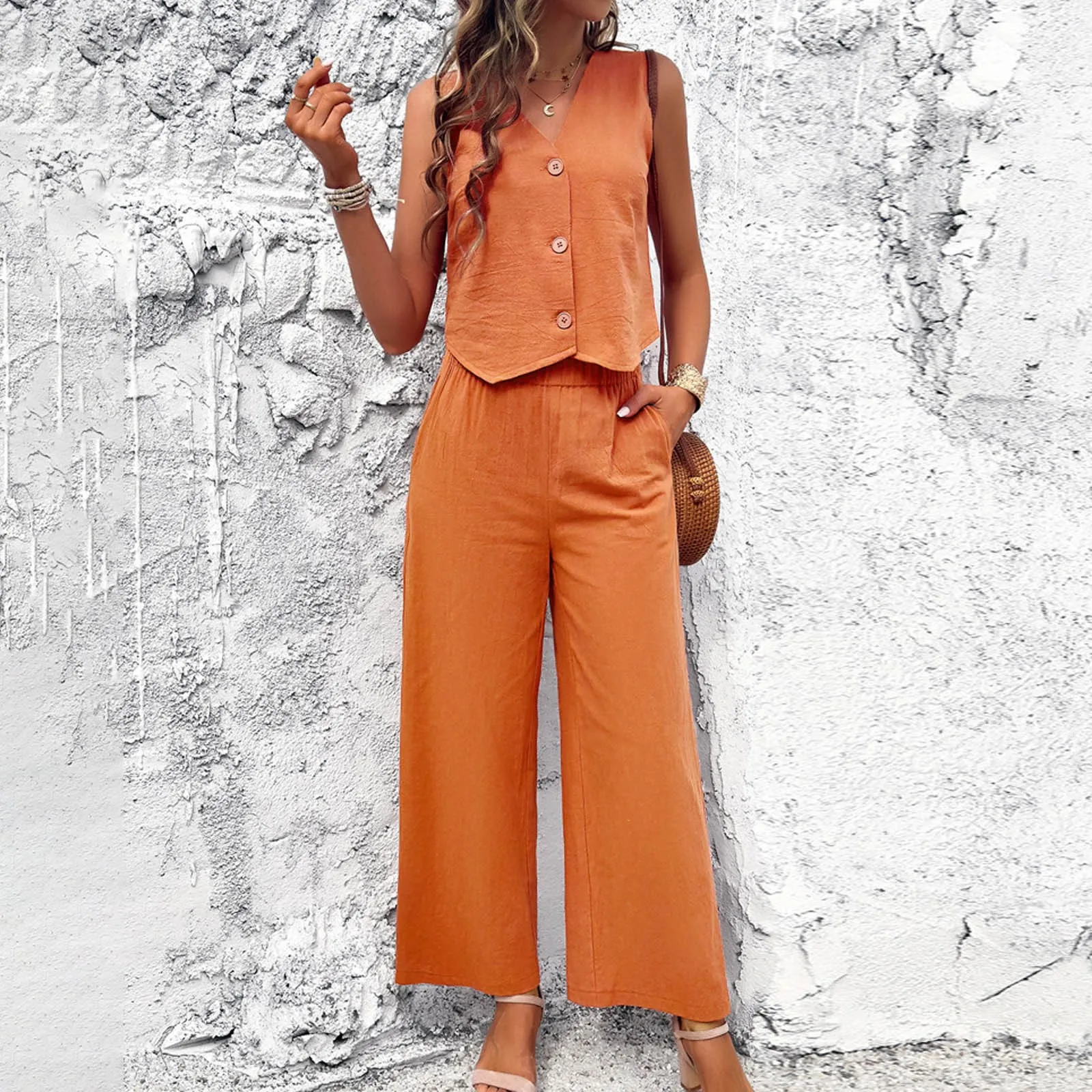 

2024 Casual Solid Two Piece Pant Sets Casual Solid Suit Sleeveless V-Neck Tank Tops Woman Fashion OL Work Outifits Oversized