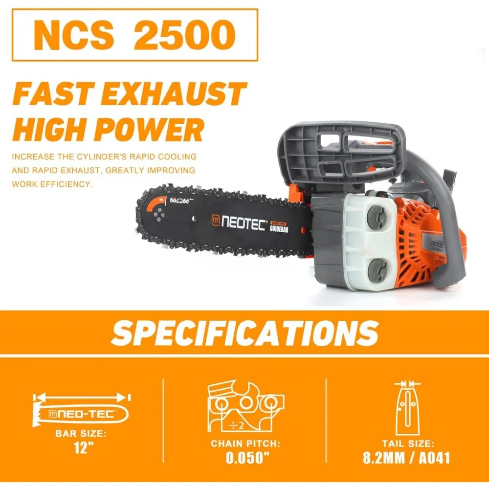 12'' Top Handle Gas Chainsaw, 2-Stroke 25.4cc Portable Chain Saws for Trees Gas Powered Wood Cutting
