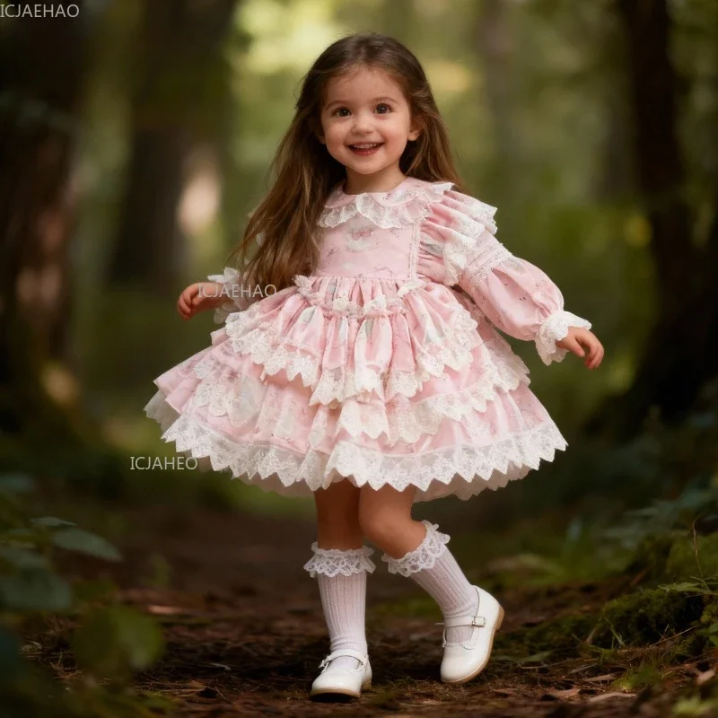 

Elegant Ball Pink Dresses Children Girls Long Sleeve Lolita Dress Princess Party Gown Baby Toddler Kids Autumn Winter Costume