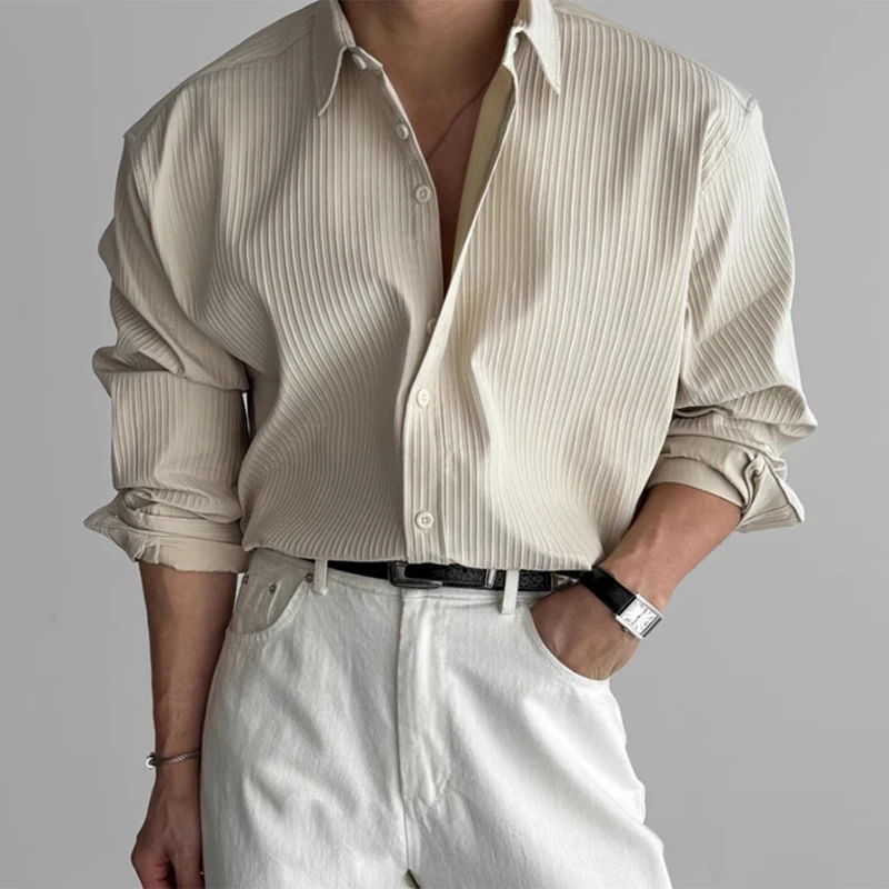 

Vintage Striped Textured Shirts Men Fall Long Sleeve Button-up Turn-down Collar Casual Shirt Spring Men's Clothing Fashion Shirt