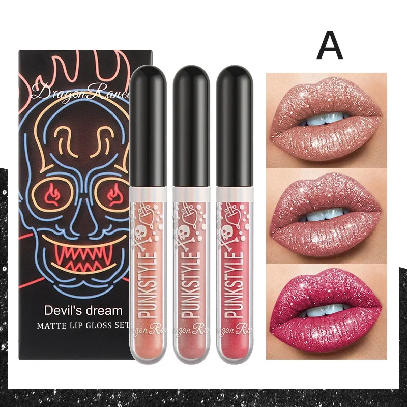 3 stks/set Diamond Glitter Vloeibare Lipstick Set Waterdichte Langdurige Sexy Rode Zwarte Lippen Halloween Shimmer Lip Make-Up Cosmetica