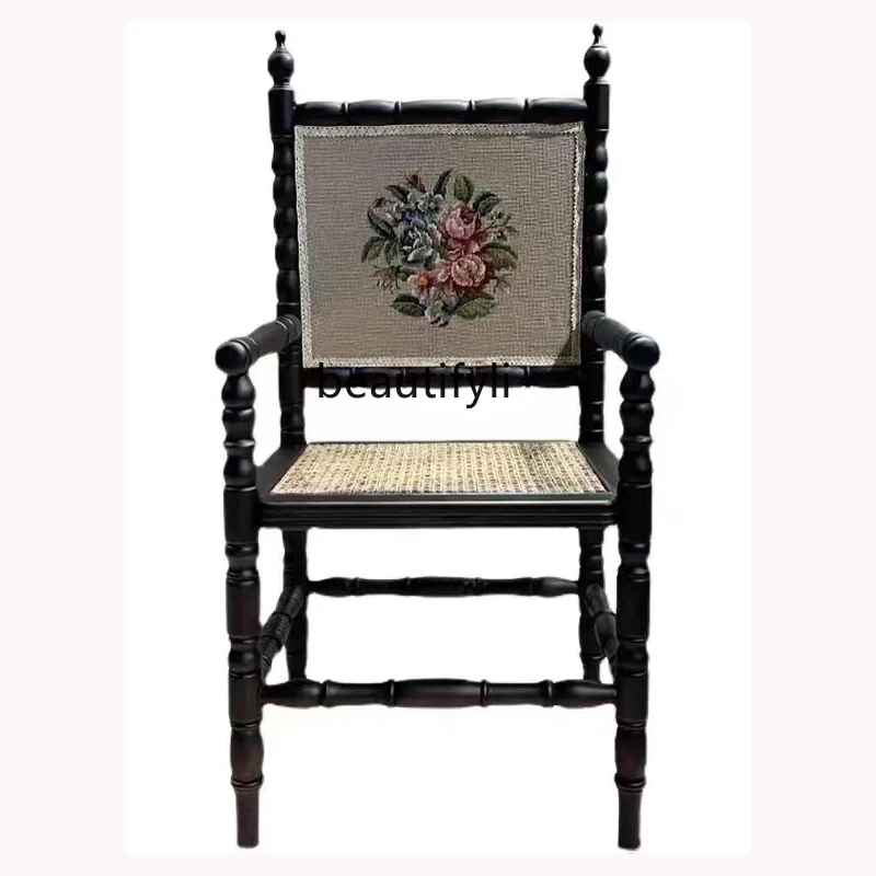 

French American Style Solid Wood Vintage Distressed Dining Chair Mid-Ancient Embroidered Leisure Chair Balcony Rattan Chair