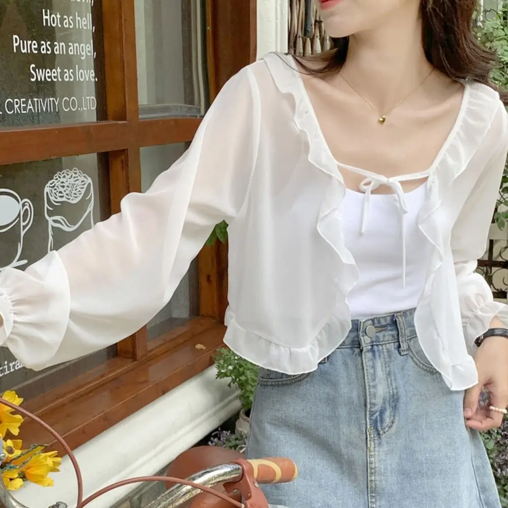 Retro Long Sleeves Scarves Poncho Ruffle Chiffon Summer Sunscreen Shawl Korean Style Shawl Short Top Coat Lace Cardigan